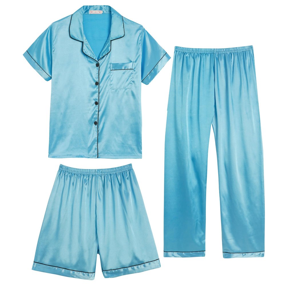 Hupohoi Unisex Girls Boys Kids Pajama Sets Button Down Satin Sleepwear Nighty 3PCS Silky Lounge Sets Nightwear Short Sleeve Long Pants, 3pcs-Lake Blue, 10
