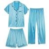 Hupohoi Unisex Girls Boys Kids Pajama Sets Button Down Satin Sleepwear Nighty 3PCS Silky Lounge Sets Nightwear Short Sleeve Long Pants, 3pcs-Lake Blue, 10 view 1