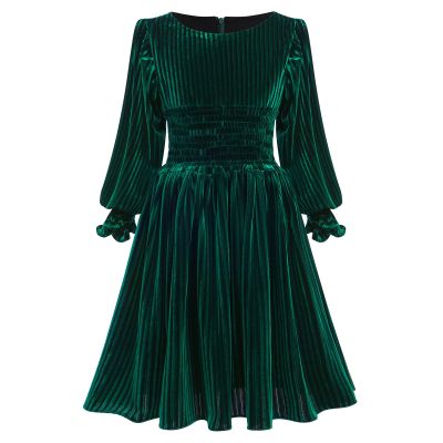 AFAVOM Winter Smocked Waist Velvet Dress for Girls Long Sleeve Vintage Ribbed Party Dress Princess Xmas Outfit Casual Elegant Fall Clothes New Year Wedding Guest Retro Dress Blackish Green 8-9 Years