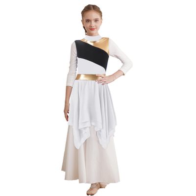 FEESHOW Girls Metallic Cross Liturgical Praise Dance Dress Lyrical Dancewear Color Block Full Length Robe Worship White&Sleeveless 6 Years