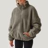 Womens Sherpa Hoodie Half Zip Sweatshirt Oversized Sweatshirt Quarter Zip Pullover Fleece Fuzzy Sweater Long Sleeve Drop Shoulder Workout Tops with Pocket Casual Comfy Fall Outfits Warm Winter Clothes view 3