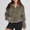 Womens Sherpa Hoodie Half Zip Sweatshirt Oversized Sweatshirt Quarter Zip Pullover Fleece Fuzzy Sweater Long Sleeve Drop Shoulder Workout Tops with Pocket Casual Comfy Fall Outfits Warm Winter Clothes view 4
