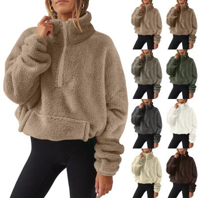 Womens Sherpa Hoodie Half Zip Sweatshirt Oversized Sweatshirt Quarter Zip Pullover Fleece Fuzzy Sweater Long Sleeve Drop Shoulder Workout Tops with Pocket Casual Comfy Fall Outfits Warm Winter Clothes