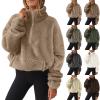Womens Sherpa Hoodie Half Zip Sweatshirt Oversized Sweatshirt Quarter Zip Pullover Fleece Fuzzy Sweater Long Sleeve Drop Shoulder Workout Tops with Pocket Casual Comfy Fall Outfits Warm Winter Clothes view 1