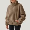 Womens Sherpa Hoodie Half Zip Sweatshirt Oversized Sweatshirt Quarter Zip Pullover Fleece Fuzzy Sweater Long Sleeve Drop Shoulder Workout Tops with Pocket Casual Comfy Fall Outfits Warm Winter Clothes view 3