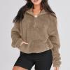 Womens Sherpa Hoodie Half Zip Sweatshirt Oversized Sweatshirt Quarter Zip Pullover Fleece Fuzzy Sweater Long Sleeve Drop Shoulder Workout Tops with Pocket Casual Comfy Fall Outfits Warm Winter Clothes view 4