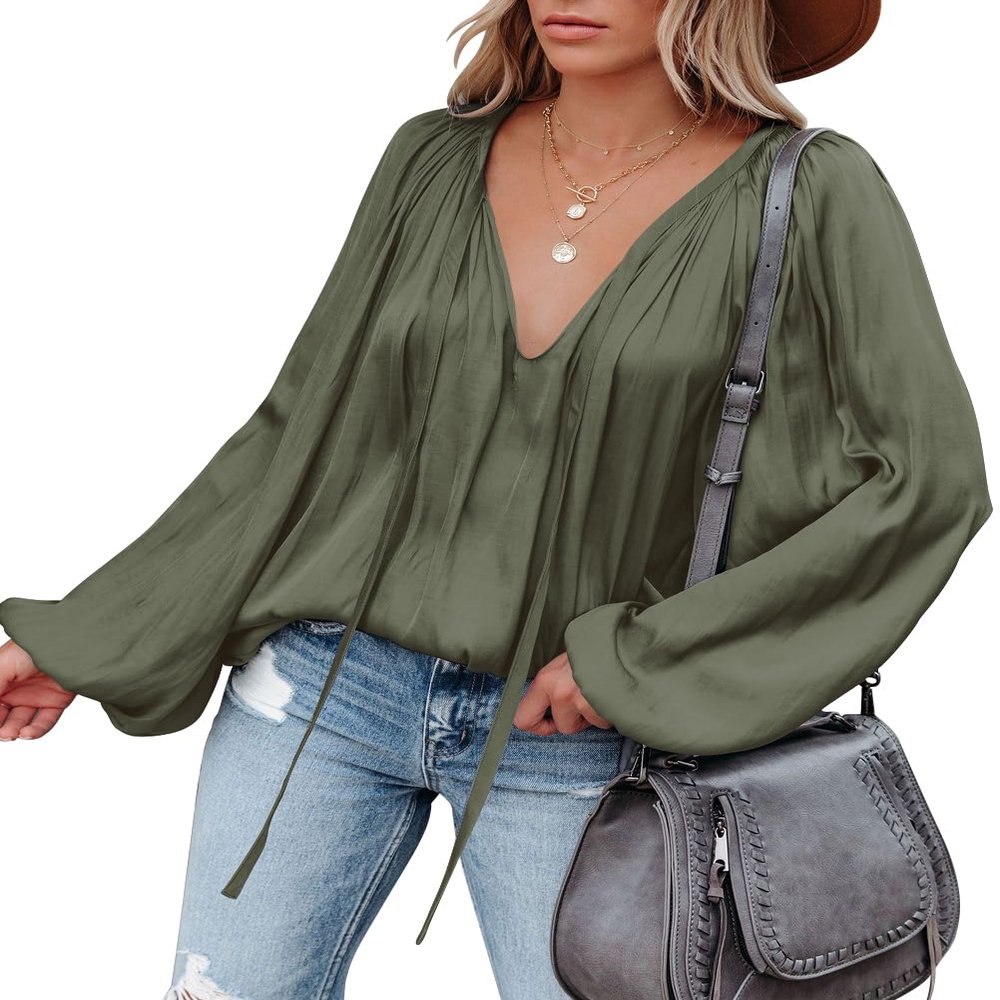LAMISSCHE Satin Blouse for Women Sexy Deep V Neck Lantern Sleeve Tops Boho Seliver Date Night Blouses (Army Green,S)