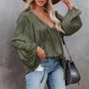 LAMISSCHE Satin Blouse for Women Sexy Deep V Neck Lantern Sleeve Tops Boho Seliver Date Night Blouses (Army Green,S) view 4