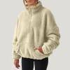 Womens Sherpa Hoodie Half Zip Sweatshirt Oversized Sweatshirt Quarter Zip Pullover Fleece Fuzzy Sweater Long Sleeve Drop Shoulder Workout Tops with Pocket Casual Comfy Fall Outfits Warm Winter Clothes view 3