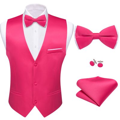 Barry.Wang Mens Hot Pink Formal Suit Vest V-neck Slim Fit Casual Waistcoat Bowtie Set for Party Suit