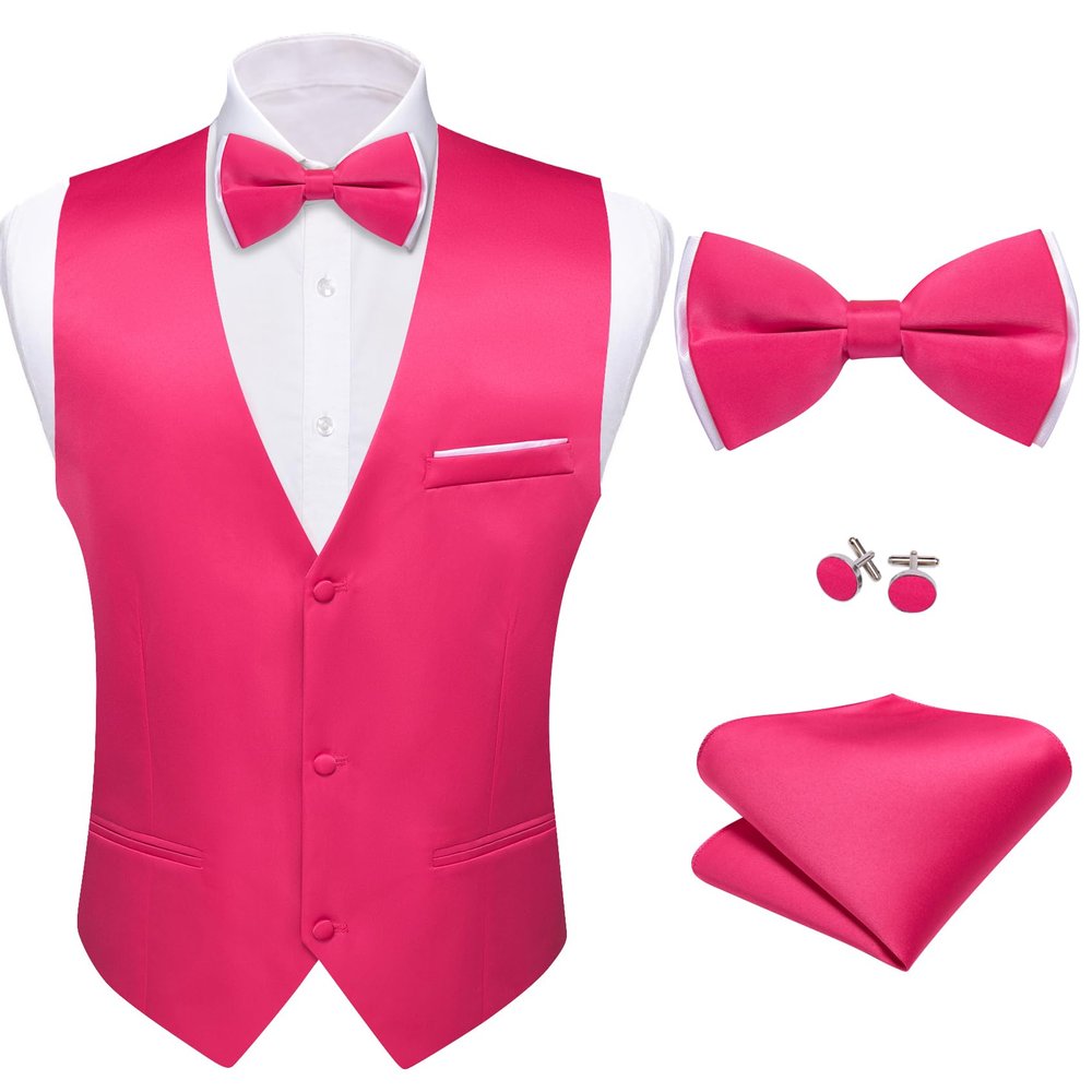 Barry.Wang Mens Hot Pink Formal Suit Vest V-neck Slim Fit Casual Waistcoat Bowtie Set for Party Suit