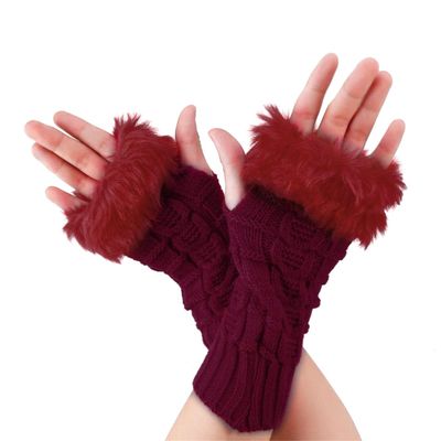 ECYC Women Faux Fur Arm Warmers Gloves, Knitted Fingerless Gloves Winter Warm Crochet Knit Mittens with Thumb Hole