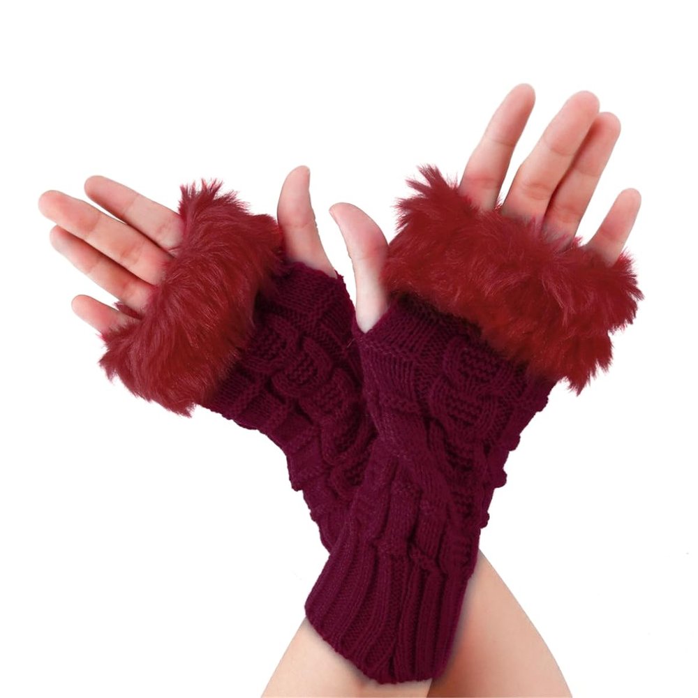 ECYC Women Faux Fur Arm Warmers Gloves, Knitted Fingerless Gloves Winter Warm Crochet Knit Mittens with Thumb Hole