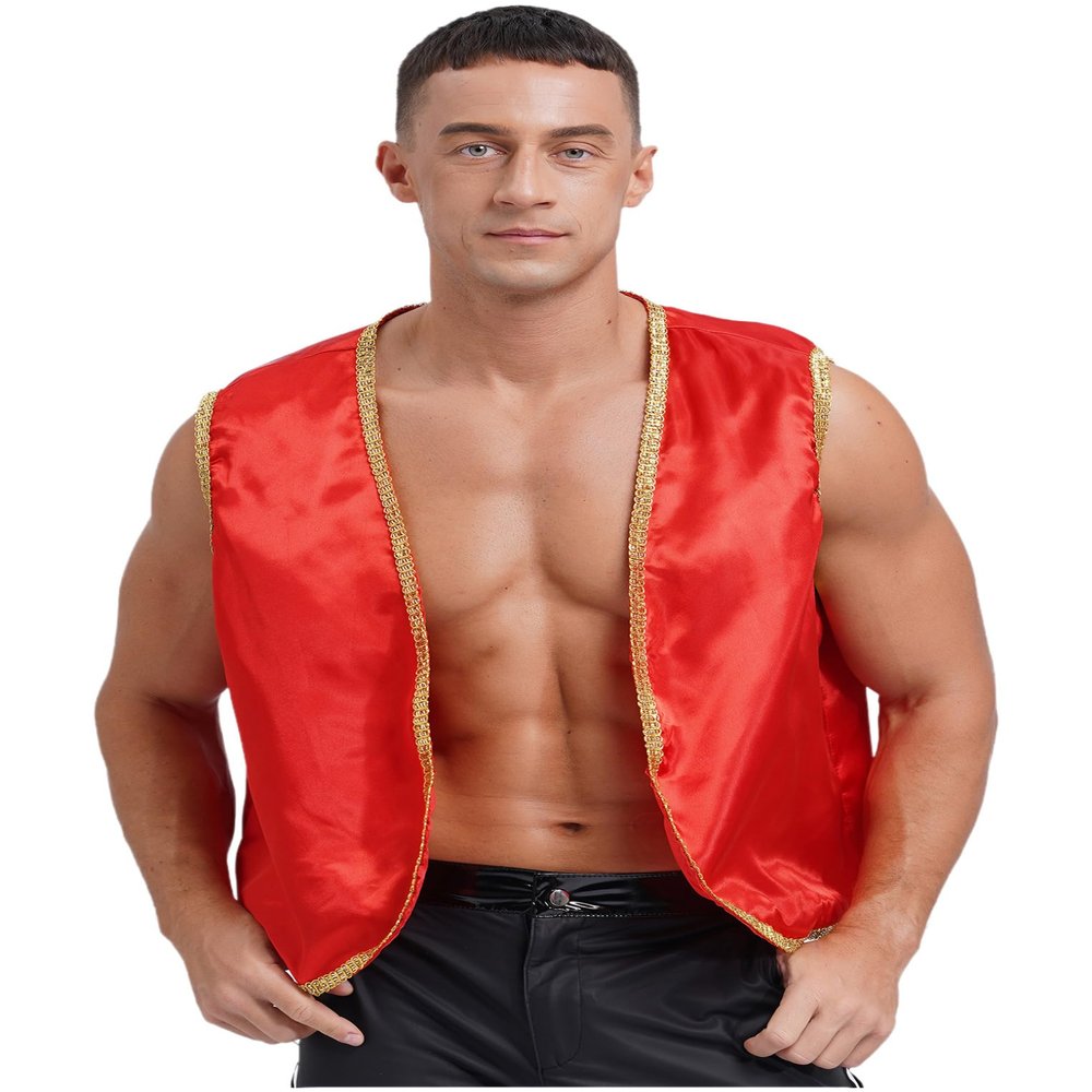 LiiYii Men's Arabian Prince Vest Tops Sleeveless V Neck Vest Cardigan Waistcoat for Halloween Burgundy Small