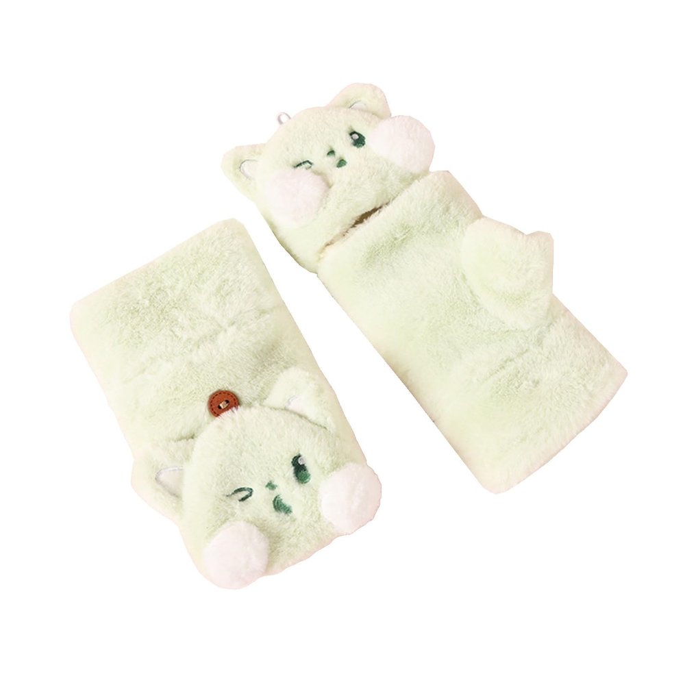 Girls Winter Warm Gloves Cute Cartoon Cat Convertible Flip Top Faux Fur Fingerless Thick Mittens for Teen student (Color : Green)