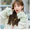 Girls Winter Warm Gloves Cute Cartoon Cat Convertible Flip Top Faux Fur Fingerless Thick Mittens for Teen student (Color : Green) view 3