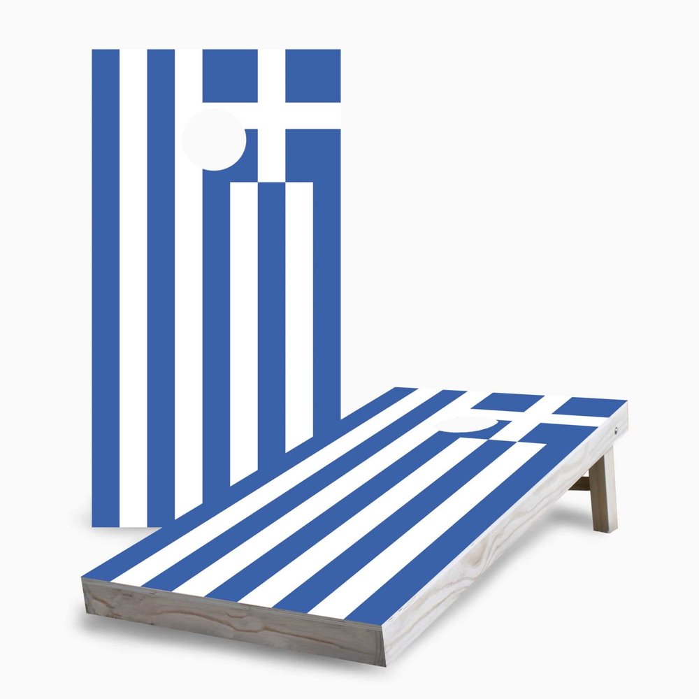 Skip's Garage Greek Flag 2x4 Cornhole Boards - Corn Filled Bags - Include Case + Hole Lights + Score