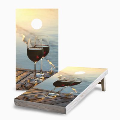Skip's Garage Sunset Red Wine on The Beach 2x4 Cornhole Boards - All Weather Bags - Include Hole Lights + Score Combo