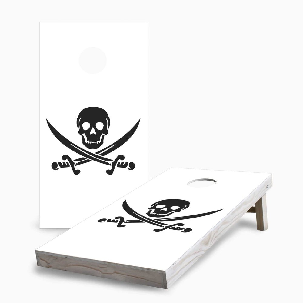 Skip's Garage White Skull and Sword 2x4 Cornhole Boards - All Weather Bags - Include Edge Lights