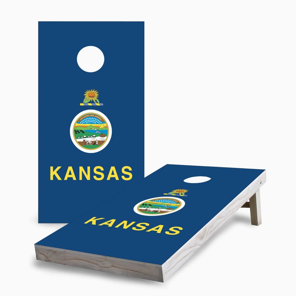 Skip's Garage Kansas Flag 2x4 Cornhole Boards - Corn Filled Bags - Include Hole Lights + Score Combo