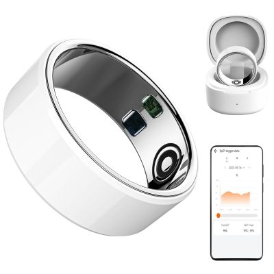 Smart Ring Sleep Fitness Tracker,Records Sleep, Heart Rate, Temperature, Blood Oxygen and Pedometer,Health Ring with Charging Case, White US 12