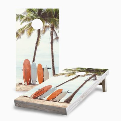 Skip's Garage Surf Board Beach 2x4 Cornhole Boards - Corn Filled Bags - Include Hole Lights