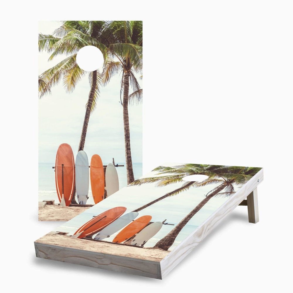 Skip's Garage Surf Board Beach 2x4 Cornhole Boards - Corn Filled Bags - Include Hole Lights