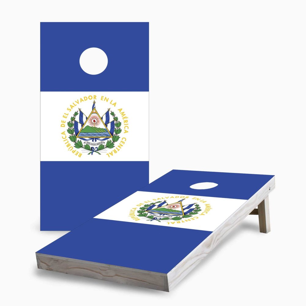 Skip's Garage El Salvador Flag 2x4 Cornhole Boards - All Weather Bags - Include Case + Hole + Edge + Score