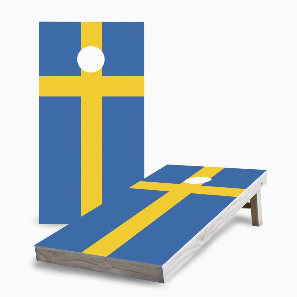 Swedish Flag 2x4 Cornhole Boards - All Weather Bags - Include Hole Lights