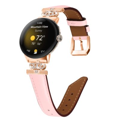 DLUCCA Leather Strap Compatible with Google Pixel Watch, Women Fashion Leather Sport Band with Unique Crown Design Slim Bracelet Compatible with Google Pixel Watch -Pink