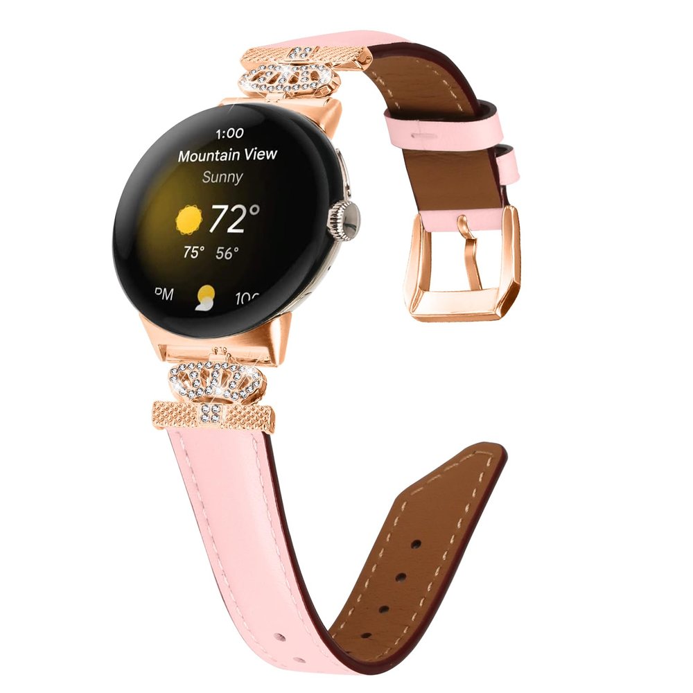 DLUCCA Leather Strap Compatible with Google Pixel Watch, Women Fashion Leather Sport Band with Unique Crown Design Slim Bracelet Compatible with Google Pixel Watch -Pink