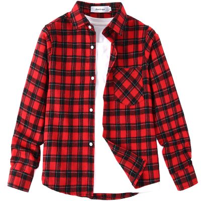 Aimehonpe Boys Girls Flannel Plaid Shirts Long Sleeve Spring Buffalo Western Button Down Shirt Vintage Lightweight, RedBlackBuffalo, XX-Large