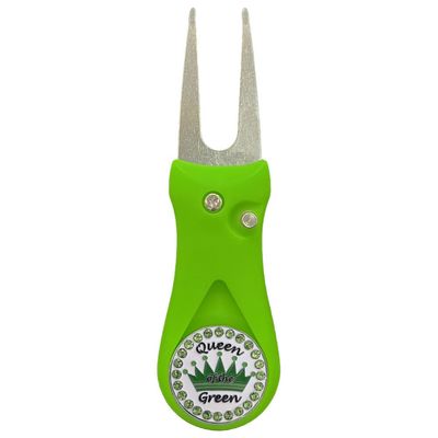 Giggle Golf Green Plastic Divot Repair Tool with Metal Bling Queen of The Green (Green Crown) Golf Ball Marker | Foldable Switchblade Divot Tool