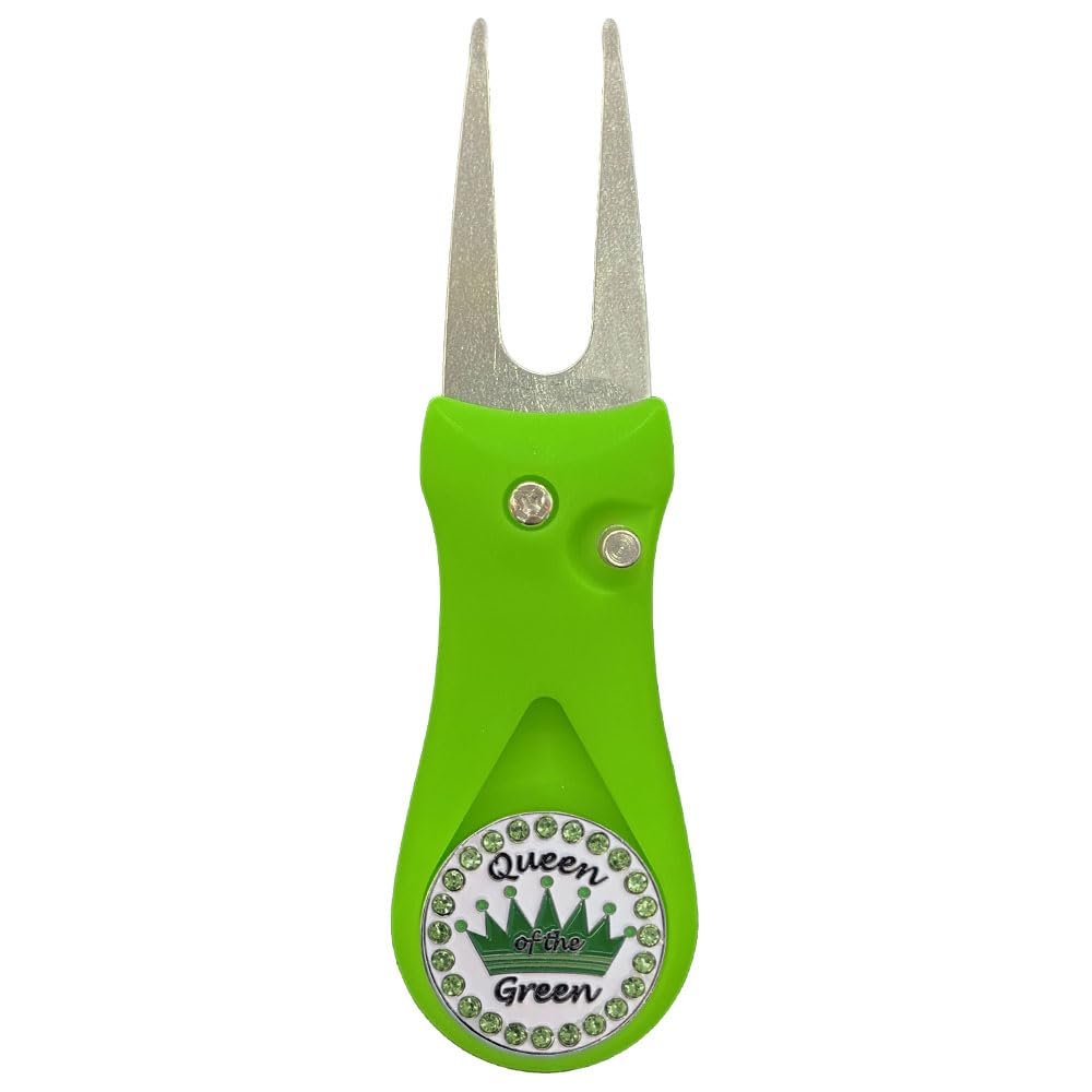 Giggle Golf Green Plastic Divot Repair Tool with Metal Bling Queen of The Green (Green Crown) Golf Ball Marker | Foldable Switchblade Divot Tool