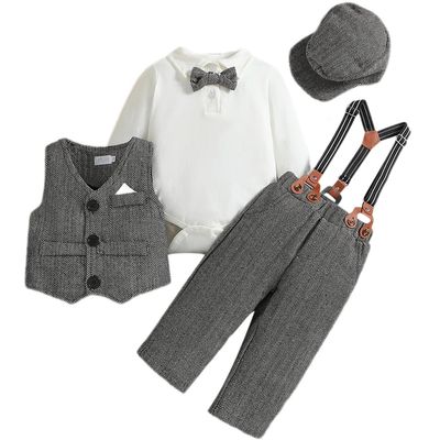 ABEWIP Baby Boy Suspenders Gentlemen Outfit Infant Tuxedo Clothes Suit Bow Tie Shirt Romper+Vest+Suspenders Pants+Beret Grey 18-24 Months