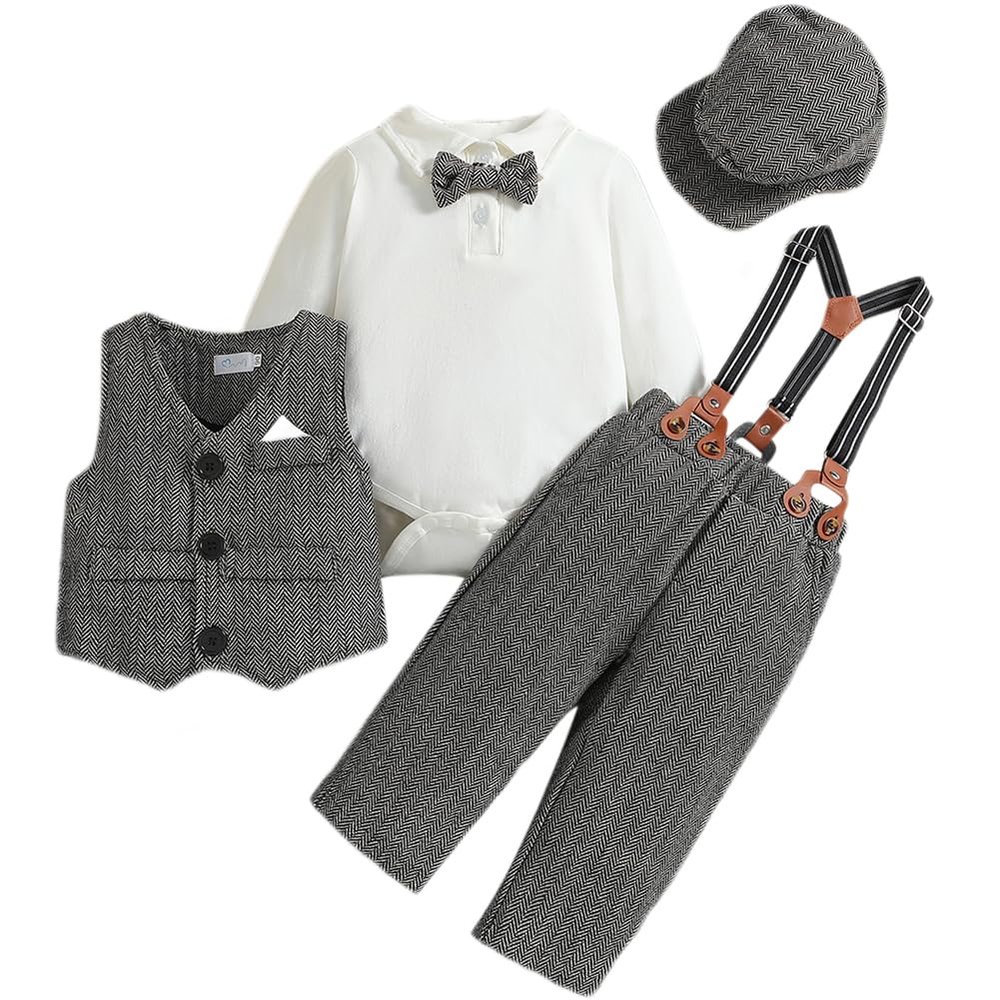 ABEWIP Baby Boy Suspenders Gentlemen Outfit Infant Tuxedo Clothes Suit Bow Tie Shirt Romper+Vest+Suspenders Pants+Beret Grey 18-24 Months