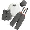 ABEWIP Baby Boy Suspenders Gentlemen Outfit Infant Tuxedo Clothes Suit Bow Tie Shirt Romper+Vest+Suspenders Pants+Beret Grey 18-24 Months view 1