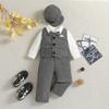 ABEWIP Baby Boy Suspenders Gentlemen Outfit Infant Tuxedo Clothes Suit Bow Tie Shirt Romper+Vest+Suspenders Pants+Beret Grey 18-24 Months view 2