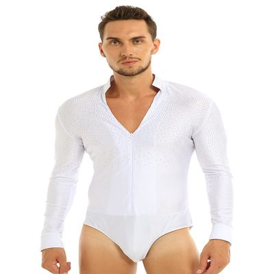 Sinleey Men's Shiny Rhinestones Dance Leotard Bodysuit Long Sleeve Ballet Latin Ballroom Dance Shirt White X-Large