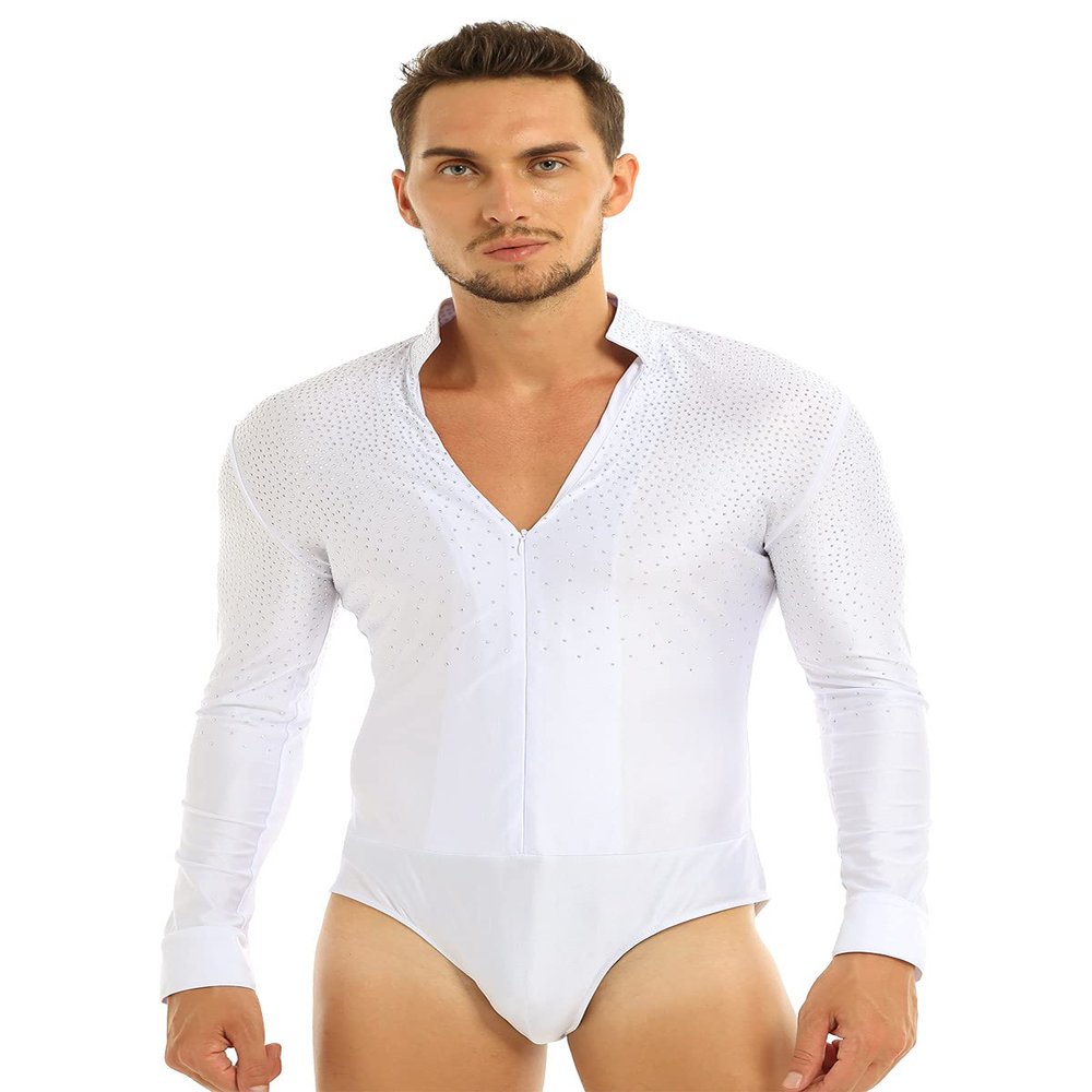 Sinleey Men's Shiny Rhinestones Dance Leotard Bodysuit Long Sleeve Ballet Latin Ballroom Dance Shirt White X-Large
