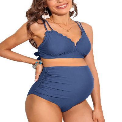 Charmo Maternity Swimsuit Bikini Set Scallop Trim Pregnancy Swimwear High Waist Two Piece Bathing Suit Blue Gray M