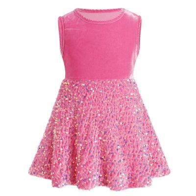 IBTOM CASTLE Girls Christmas Velvet Dress: Kid Sparkle Sequin Fall Winter Xmas Sleeveless Crew Neck Ruffle Dress Holiday Party Pageant Wedding School Dance Photograph Casual Dress Pink 9-12 Months