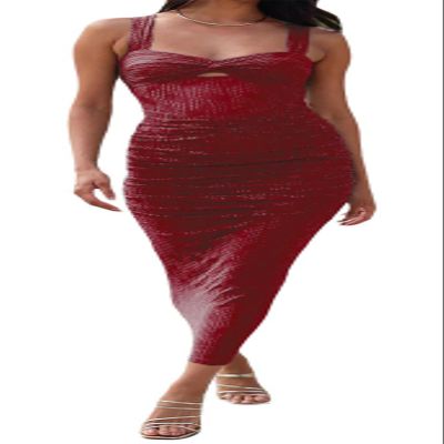 Qikaka Women's Sleeveless Mesh Paneled Ribbed Ruched Ruffles Bodycon Sexy Nightclub Party Dress Wine Red