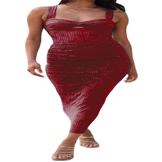 Qikaka Women's Sleeveless Mesh Paneled Ribbed Ruched Ruffles Bodycon Sexy Nightclub Party Dress Wine Red