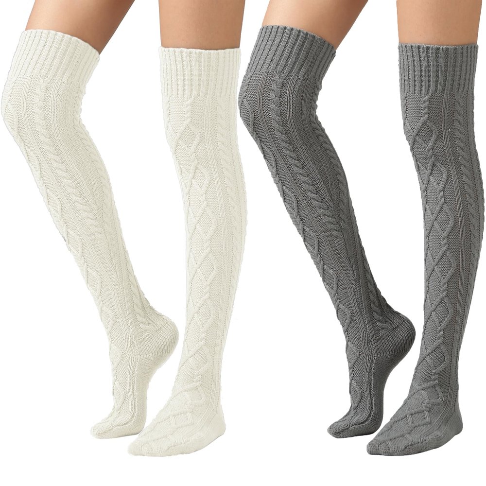 SherryDC Women's Cable Knit Thigh High Boot Socks Extra Long Winter Stockings Leg Warmers
