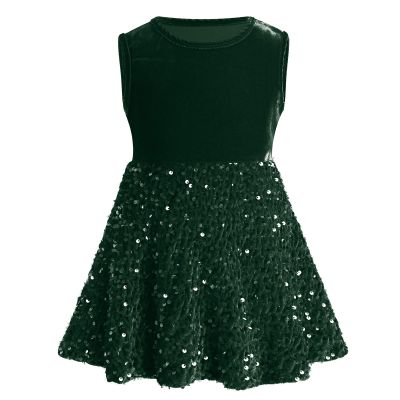 Toddler Girls Green Velvet Dress: Princess Sleeveless Sequin Sparkly Crew Neck Vintage Tie Back Ruffle Dress Holiday Christmas Xmas Pageant Party Fall Winter Outfits Green 12-18 Months