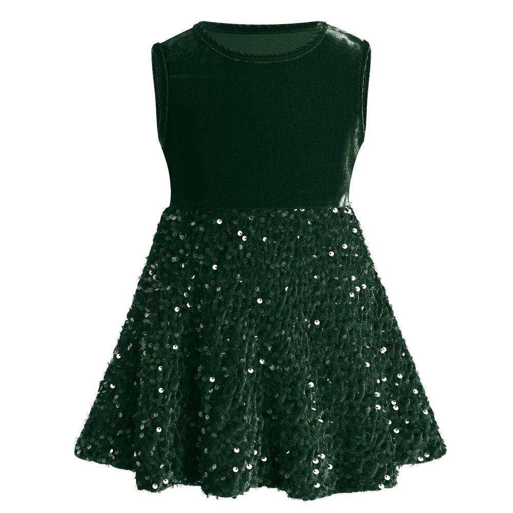 Toddler Girls Green Velvet Dress: Princess Sleeveless Sequin Sparkly Crew Neck Vintage Tie Back Ruffle Dress Holiday Christmas Xmas Pageant Party Fall Winter Outfits Green 12-18 Months