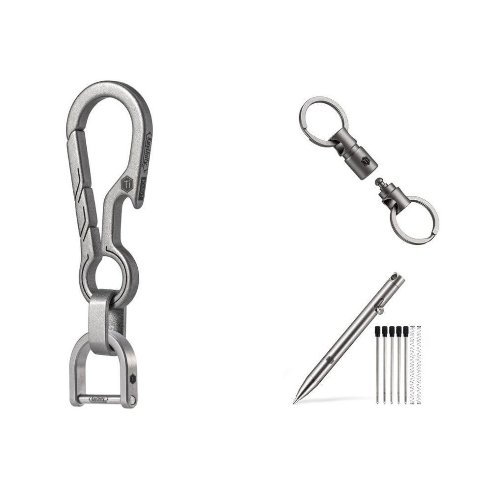 KeyUnity KM15SW Titanium EDC Bottle Opener Keychain Clip with D Ring, KP00 Bolt Action Writing Tool & KA24 Swivel Ring Bundle