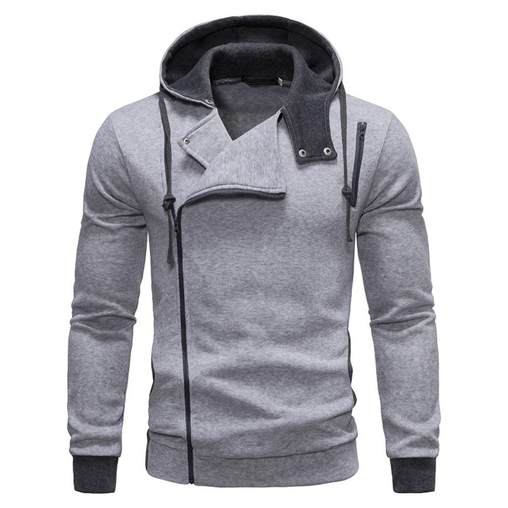 Maiyifu-GJ Men's Oblique Zipper Plus Lapel Hoodies Long Sleeve Hooded Drawstring Asymmetric Sweatshirt Slim Fit Jackets (XXL,Light Gray 1)