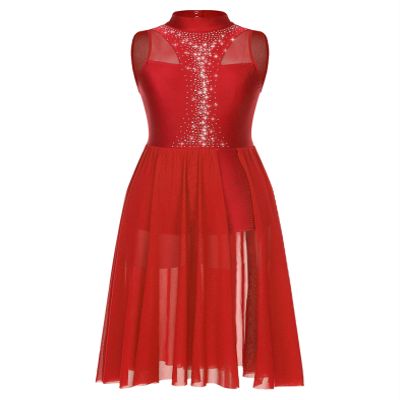 Sinleey Women Lyrical Dance Costume Modern Contemporary Ballet Dancewear Mock Neck Mesh Flowy Dress Red XX-Large